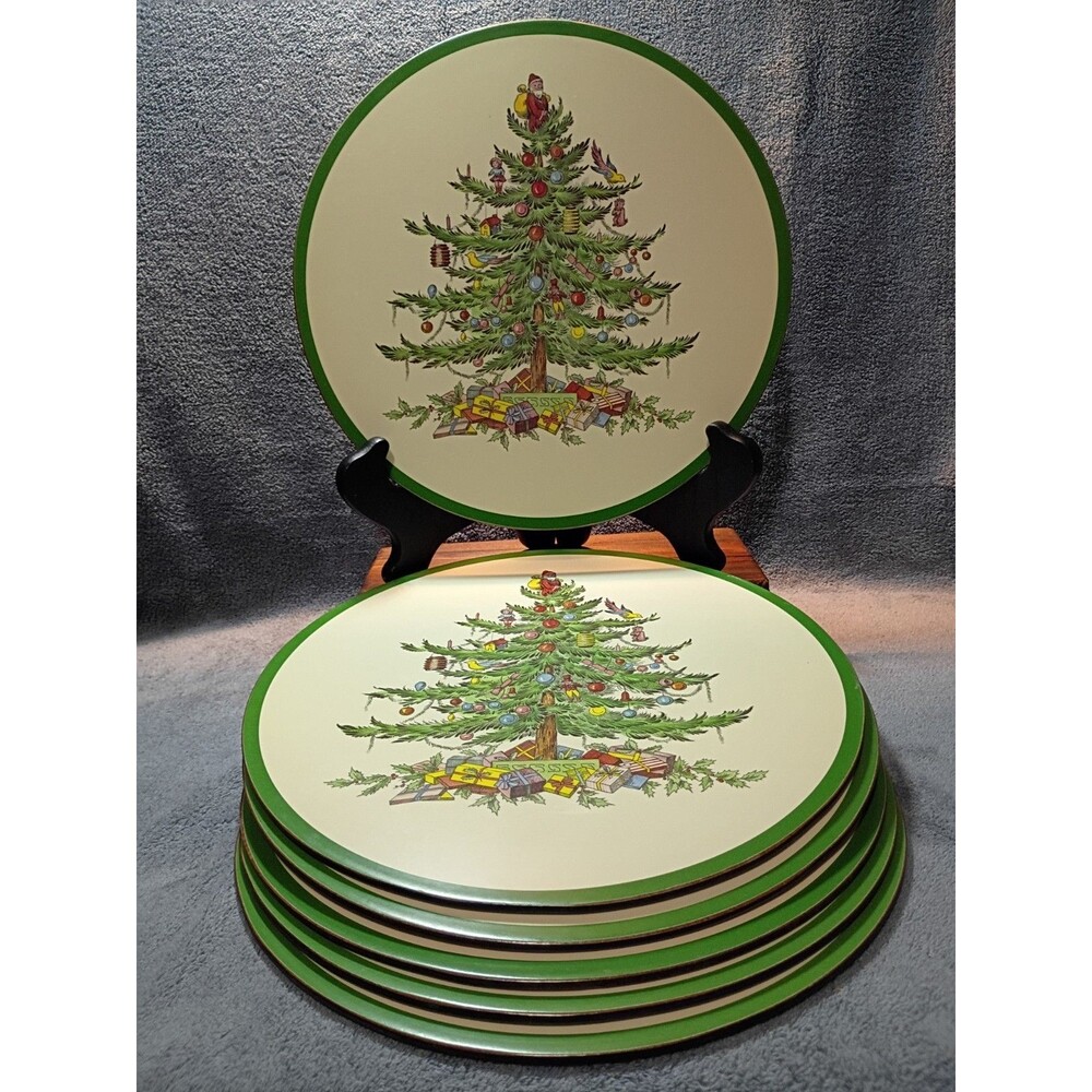 Pimpernel England Christmas Tree Cork Back Placemats Set of 6 Round 10" EUC